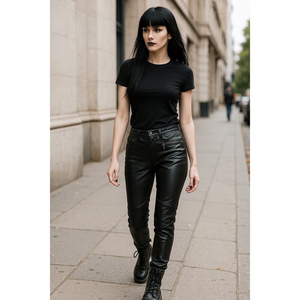 Christopher & Banks Italian Leather Black Pant 40 Zip Leg Moto Grunge Punk Chic